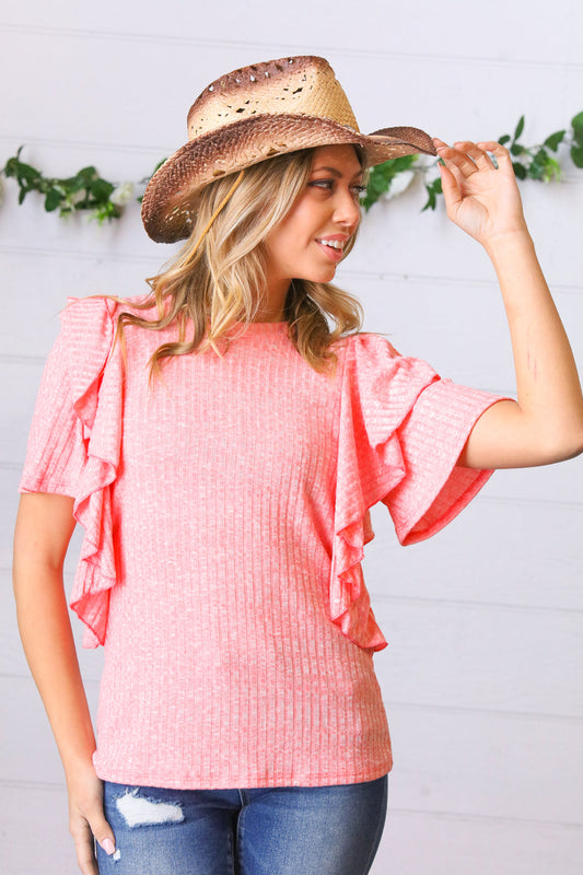 Coral Double Ruffle Sleeve Two Tone Top