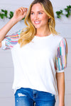 Ivory Multicolor Vertical Stripe Puff Sleeve Top