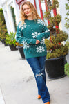 Season Greetings Hunter Green Puffy Snowflake Jacquard Sweater