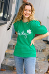 Lucky Lady Shamrock Green Sequin Puff Sleeve Knit Sweater Top