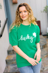 Lucky Lady Shamrock Green Sequin Puff Sleeve Knit Sweater Top