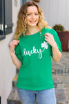 Lucky Lady Shamrock Green Sequin Puff Sleeve Knit Top