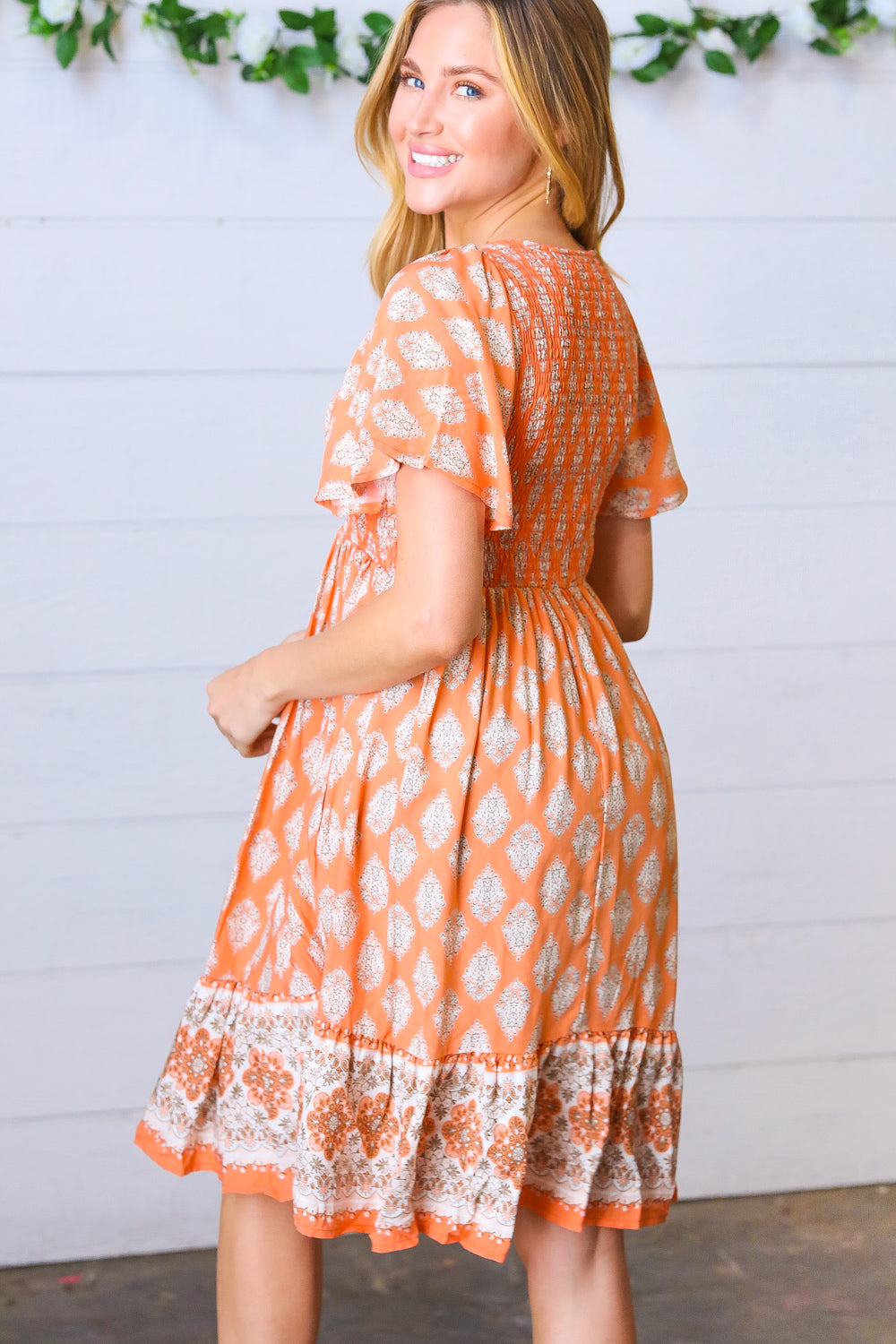 Apricot Paisley Fit and Flare Smocked Midi Dress