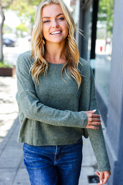 Olive Ribbed Dolman Cropped Sweater