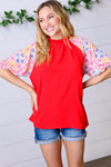 Cardinal Red Frilled Mock Neck Floral Puff Sleeve Top