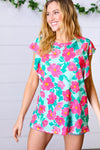 Mint & Fuchsia Floral Ruffle Sleeve Top