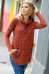 Rust Marled Cowl Neck Pocketed Top