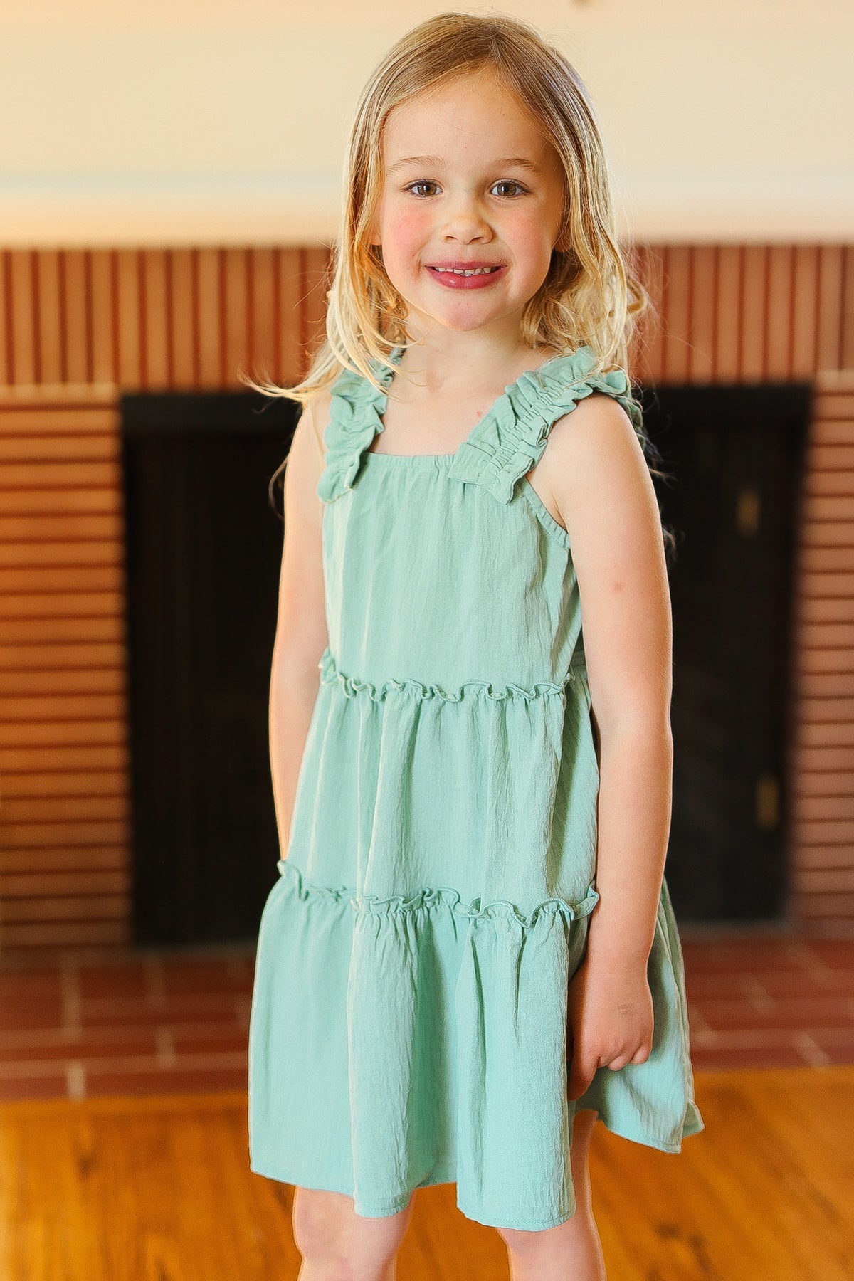 Kids Joyful Sage Tiered Ruffle Sleeveless Dress