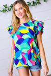 Multicolor Geo Smocked Ruffle Frill Sleeve Top