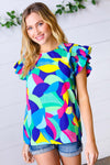 Multicolor Geo Smocked Ruffle Frill Sleeve Top