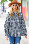 Black Gingham Shirred Yoke Mock Neck Frilled Top