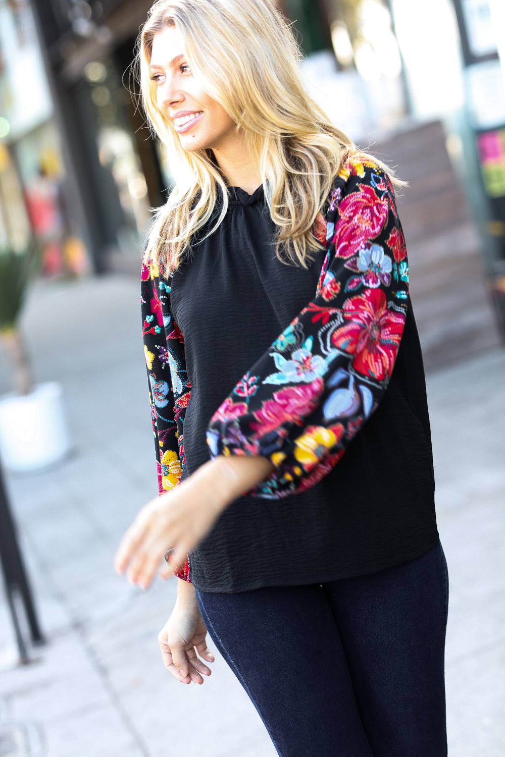 Be Yourself Black Sequin & Floral Embroidery Print Mock Neck Top