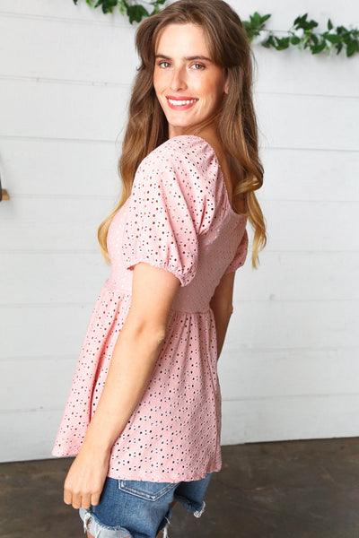 Mauve Eyelet Puff Sleeve Babydoll Top