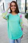 Flower Power Mint French Terry Floral Print Colorblock Pullover