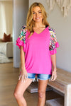 Casual Savvy Fuchsia Floral Print Ruffle Sleeve V Neck Top