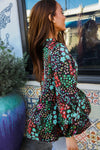 Diva Dreams Chocolate & Emerald Floral Frill Bubble Sleeve Blouse