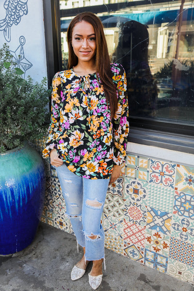 Boho Vibes Notch Tie Neck Floral Print Long Sleeve Blouse