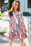 Lock Eyes Pink Floral & Abstract Print Square Neck 3/4 Sleeve Dress