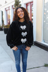 Home For The Holiday Silver Sequin Bow Velvet Pullover Top