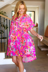 Charming Fuchsia Floral V Neck Babydoll Dress