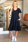 Remember Me Midnight Black Smocked Fit & Flare Flutter Sleeve Dress