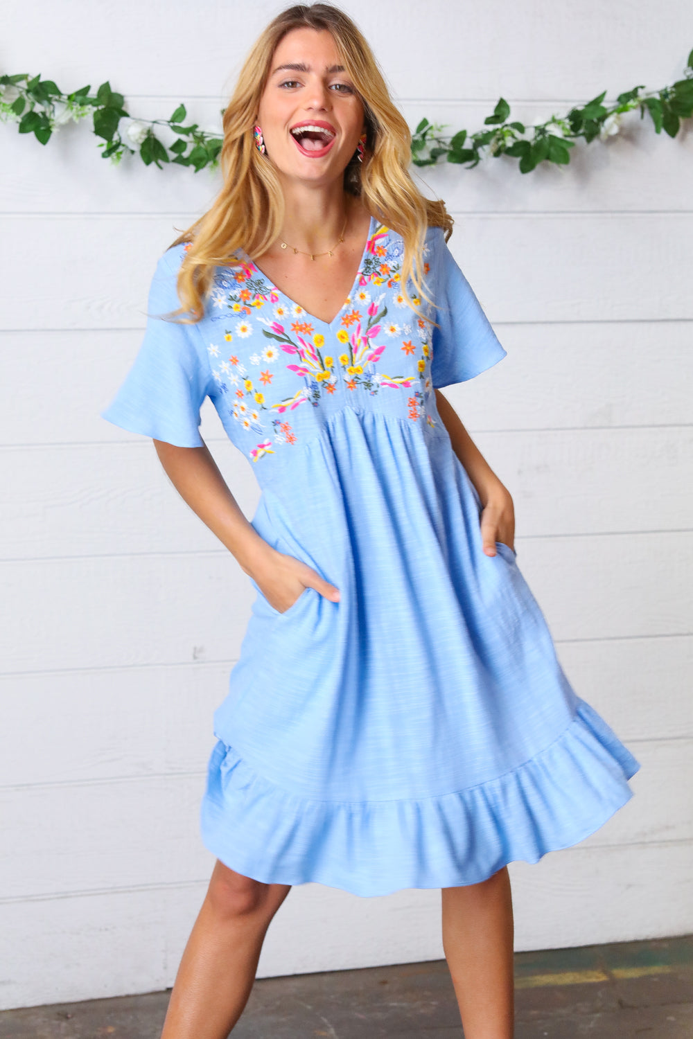 blue v-neck floral dress, modest dresses, plus sized modest dresses, tznius dress