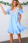 blue v-neck floral dress, modest dresses, plus sized modest dresses, tznius dress