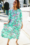 Be Beautiful Mint Floral Frill Details Three-Quarter Sleeve Maxi Dress