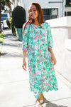 Be Beautiful Mint Floral Frill Details Three-Quarter Sleeve Maxi Dress