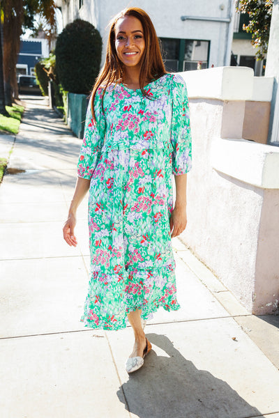 Be Beautiful Mint Floral Frill Details Three-Quarter Sleeve Maxi Dress