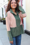 Holiday Vibes Taupe/Green Fleece Zip Up Cinched Hem Pullover