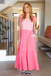 More Than Lovely Coral Floral Embroidery Dot Maxi Dress