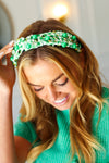 Green Gingham Pearl & Jewels Top Knot Knit Headband