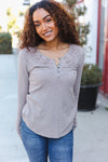 Femme Taupe Cotton Blend Rib Crochet Button Down Pullover