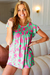 Sassy Green & Fuchsia Floral Ruffle Short Sleeve Yoke Top