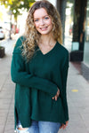 Casual Chic Hunter Green Oversized V Neck Rib Knit Sweater