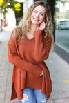 Casual Chic Rust Oversized V Neck Rib Knit Sweater