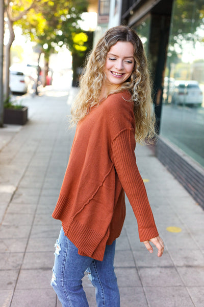 Casual Chic Rust Oversized V Neck Rib Knit Sweater