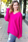 Be Bold Magenta Oversized V Neck Rib Knit Sweater