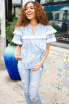 Lost In Love Cotton Blue Gingham Shirred Mock Neck Top