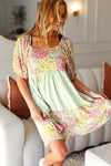 Happy Trails Sage Floral Color Block Square Neck Dress