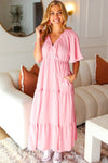 Take You Away Pink Elastic V Neck Tiered Maxi Dress