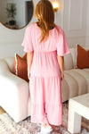 Take You Away Pink Elastic V Neck Tiered Maxi Dress