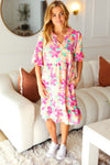 Lovely Lady Mint & Fuchsia Floral Notch Neck Woven Dress