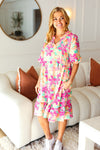 Lovely Lady Mint & Fuchsia Floral Notch Neck Woven Dress