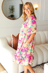 Lovely Lady Mint & Fuchsia Floral Notch Neck Woven Dress