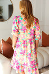 Lovely Lady Mint & Fuchsia Floral Notch Neck Woven Dress