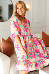 Lovely Lady Mint & Fuchsia Floral Notch Neck Woven Dress