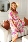 Lovely Lady Mint & Fuchsia Floral Notch Neck Woven Dress