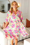 Lovely Lady Mint & Fuchsia Floral Notch Neck Woven Dress